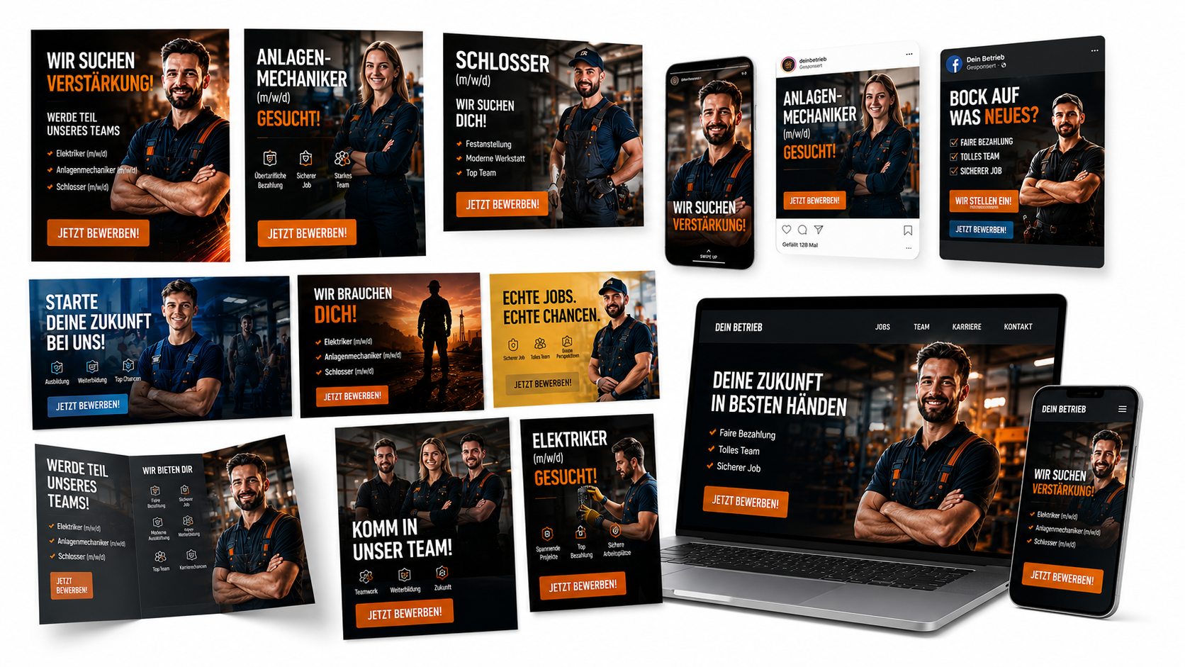 Beispiele für Recruiting-Anzeigen von Suxxify – für Facebook, Instagram, Web und mobile Endgeräte